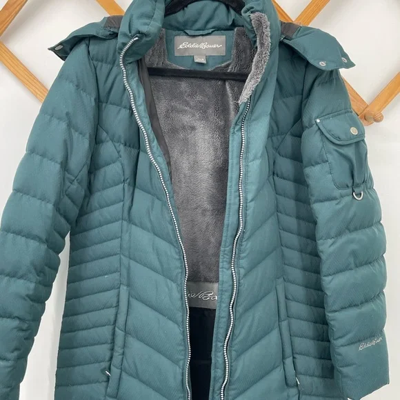 Long Quilted Hooded Down Puffer Coat in Teal - Picture 3 of 15